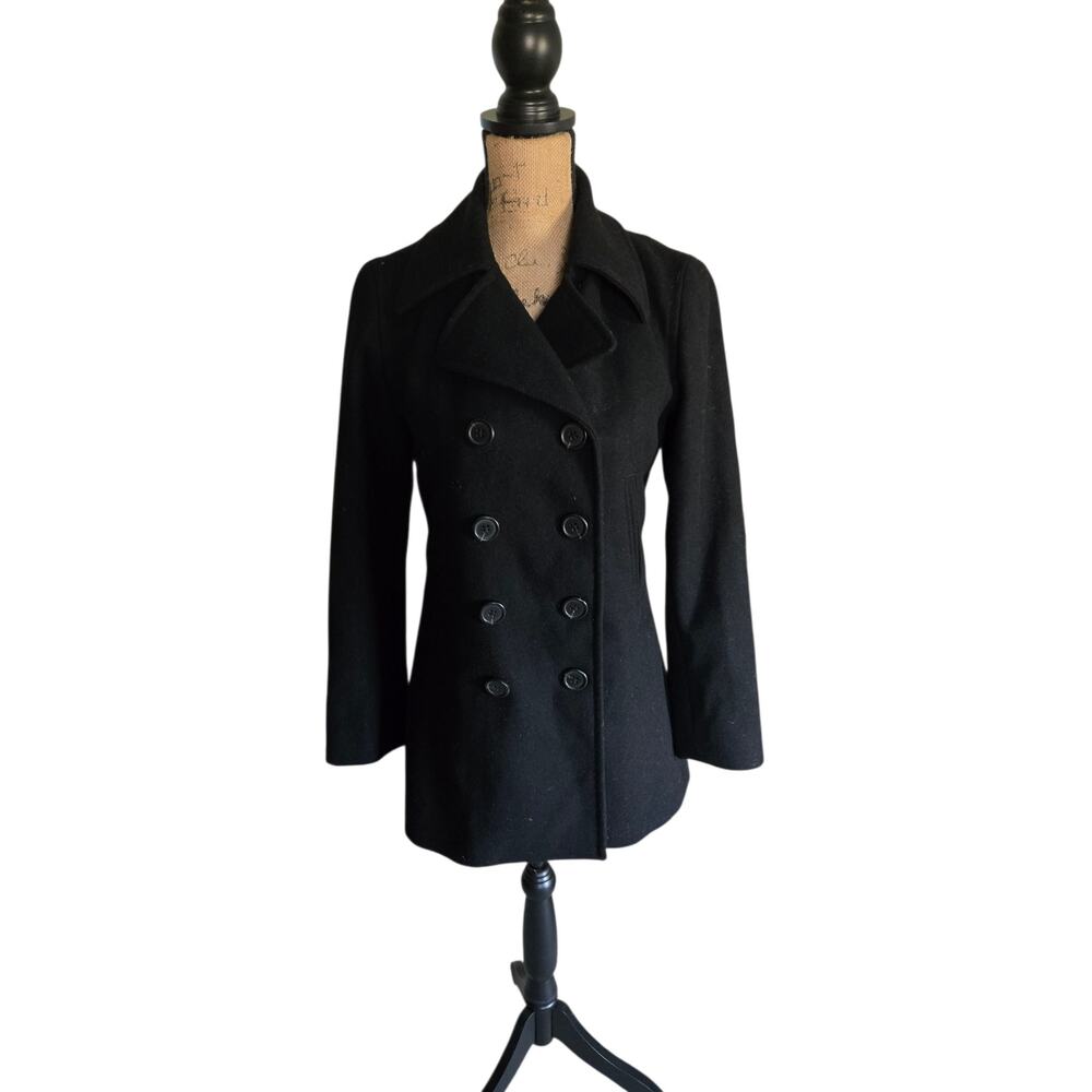 J Crew solid black double breasted peacoat with pockets, size xs